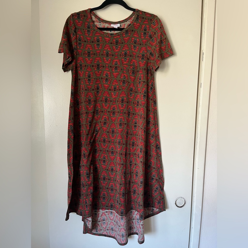 LuLaRoe Dress Carly Short Sleeve High-Low Tribal Print Womens Small Olive Red